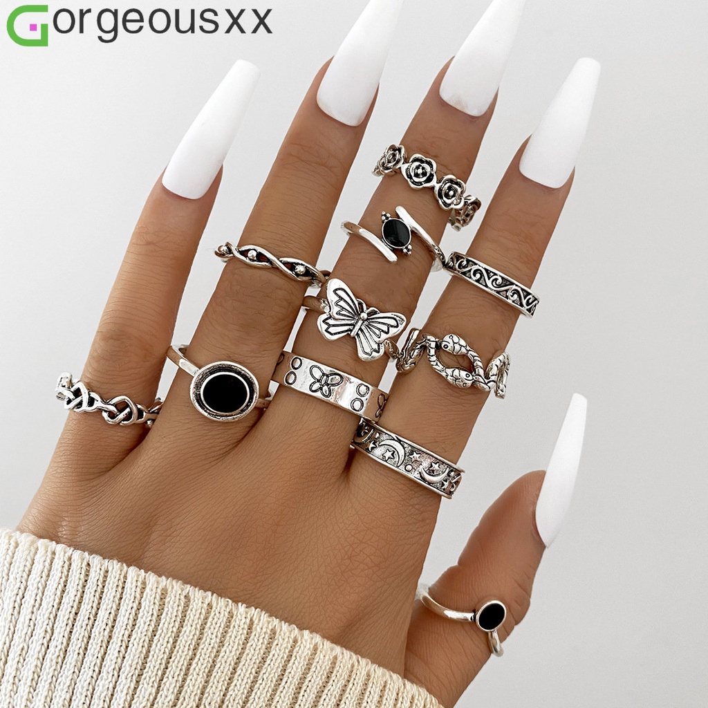 11pcs/set Vintage Antik Perak Bulan Bintang Cincin Set Untuk Wanita Butterfly Snake Flowers Joint Rings Perhiasan Hadiah