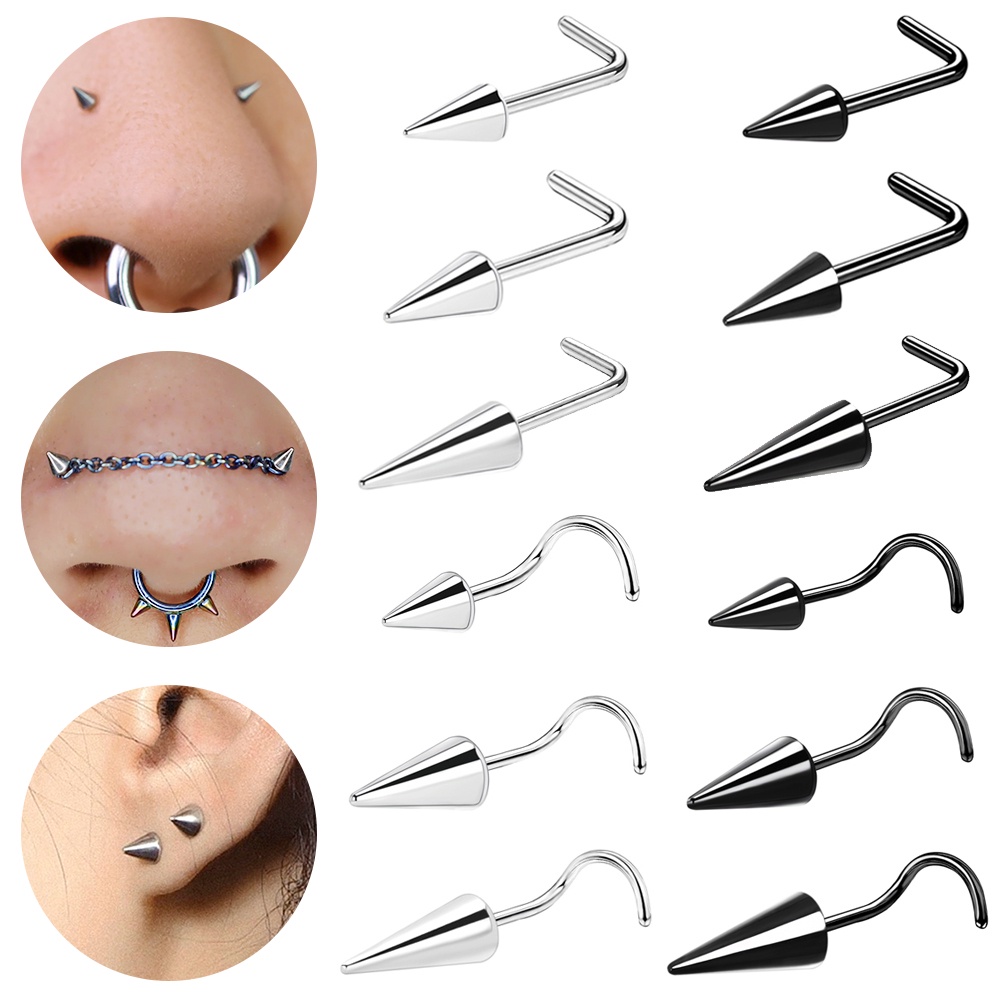 1pc 20G Tindik Hidung Spike Hitam Stainelss Steel Cone Nose Studs Doule Nose Piering Long Spike Nostril Ring Chain