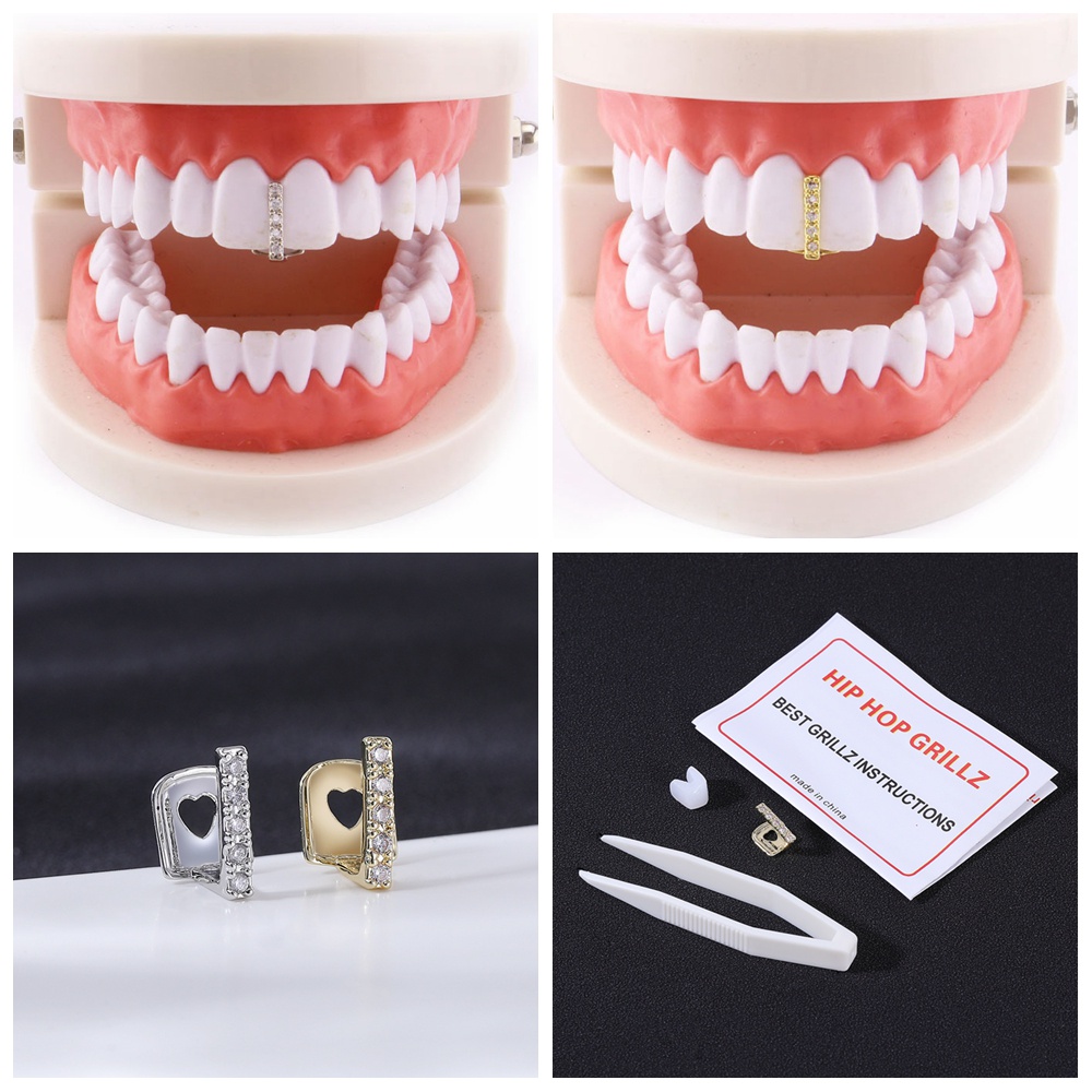 1pc/1 Pasang Rock Hip Hop Behel Lapis Emas Cross Grills Tooth Hollow Single Grillz Tooth Cap Behel Berlian Imitasi Klip Gigi