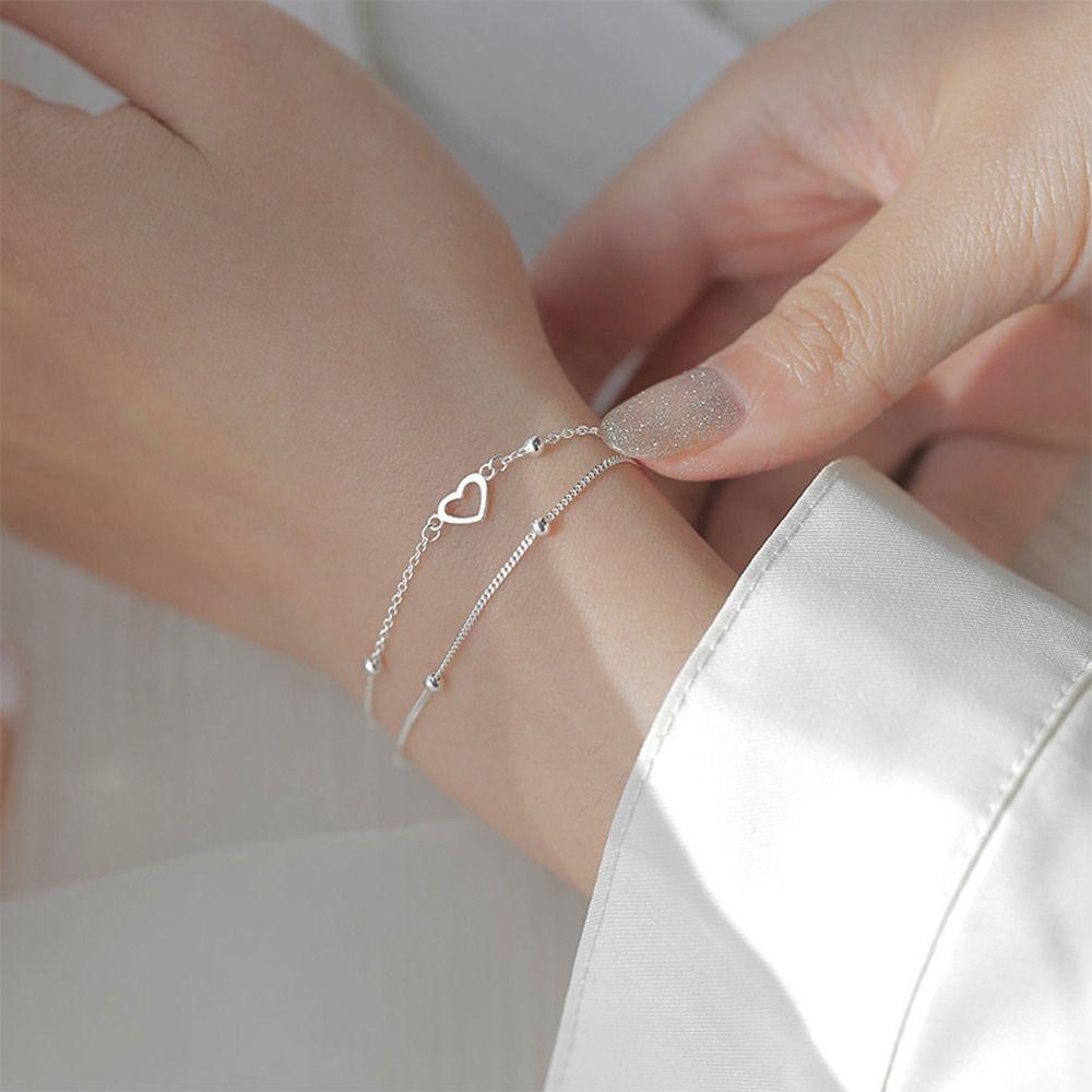 Mxbeauty Wanita Double Layer Gelang Kepribadian Keren Lingkaran Sederhana Berongga Hati Niche Desain Alloy Titanium Steel Rantai Tangan