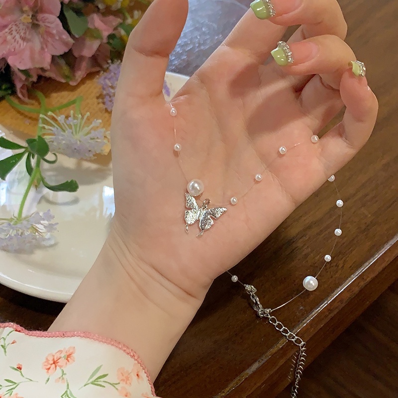 Roselife Halus Besar Kecil Mutiara Manik-Manik Tahan Air Transparan Rantai Choker S925 Perak Kupu-Kupu Liontin Kalung Untuk Wanita Gadis Elegan Pesona Pendek Kalung Perhiasan Hadiah