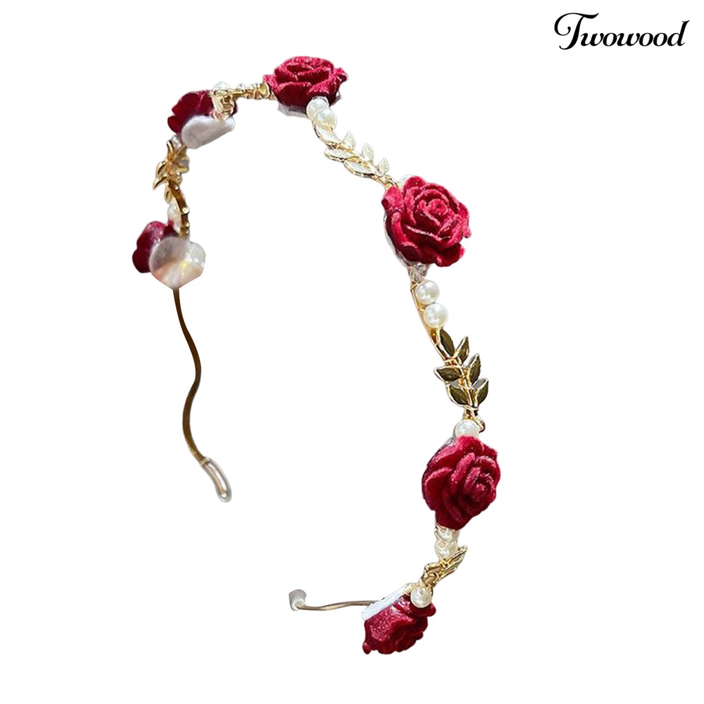 Twowood Rose Headband Glossy Faux Pearl Pengerjaan Halus Daun Dekorasi Vintage Hias Lolita Anti-slip Rose Wedding Hair Hoop Wanita Aksesori Rambut