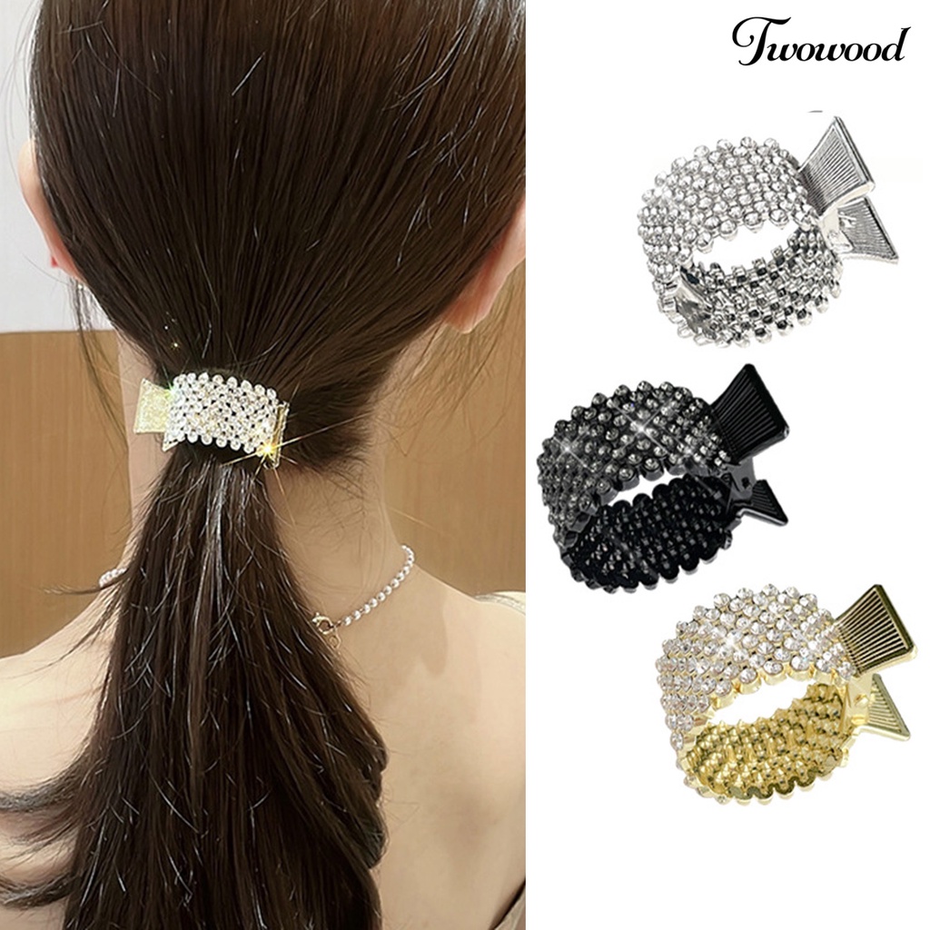 Twowood Wanita Jepit Rambut Non-slip Mengkilap Berlian Imitasi Glitter Bentuk Bulat Stabil Fix Ponytail Headpiece Tinggi Ponytail Rhinestone Hair Clip Aksesoris Rambut