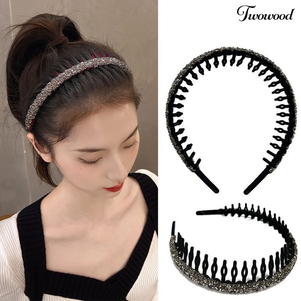 Twowood Lady Wavy Headband Non-slip Berlian Imitasi Mengkilap Bergigi Narrow Band Rambut Bezel Cuci Muka Lady Hair Hoop Aksesoris Rambut