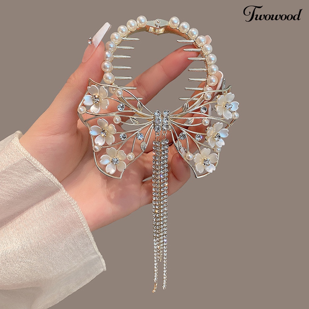 Twowood Faux Pearls Rhinestones Bunga Dekorasi Bakso Rambut Klip Rumbai Sisir Desain Besar Kupu-Kupu Dekorasi Ponytail Hairpin Aksesoris Rambut