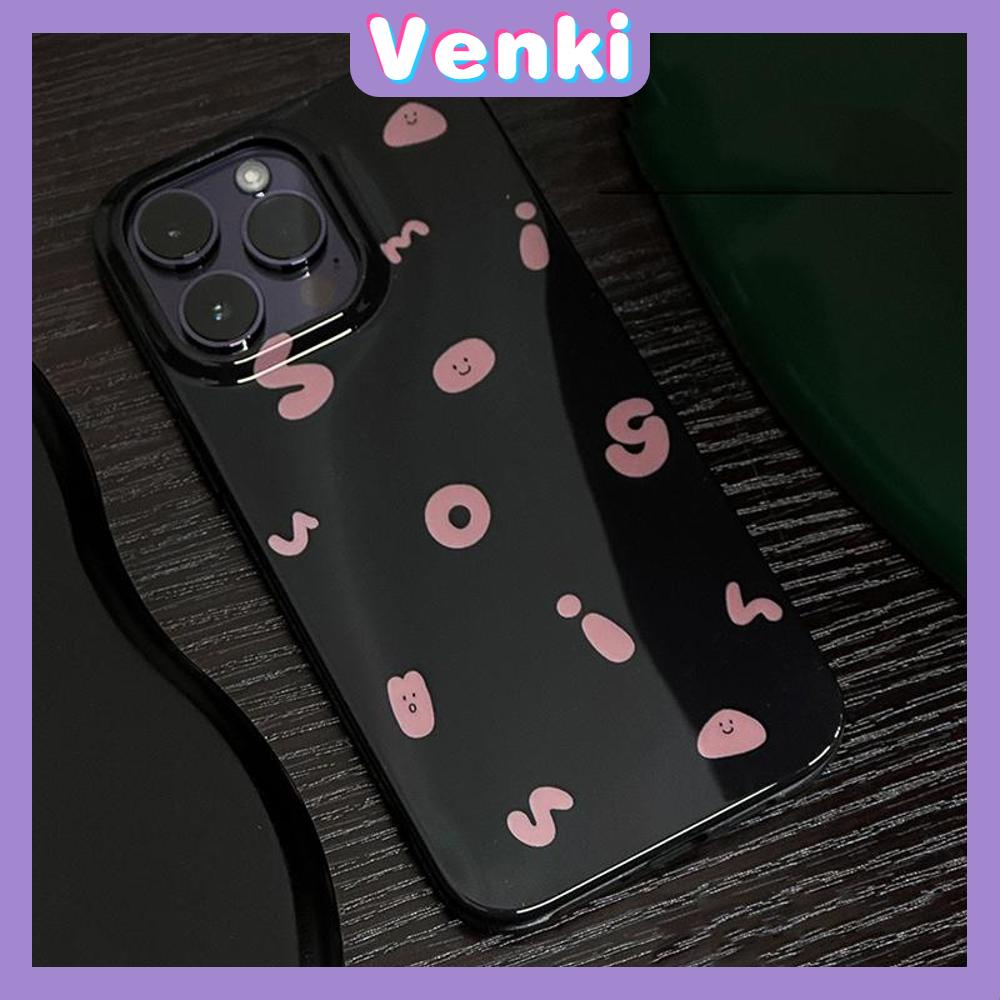 VENKI - Untuk iPhone 14 Pro Max iPhone Case Grip Berdiri Tersenyum Dudukan Lipat Hitam Glossy TPU Soft Case Huruf Merah Muda Kompatibel dengan iPhone 13 Pro max 12 Pro Max 11 xr xs max 7 8Plus