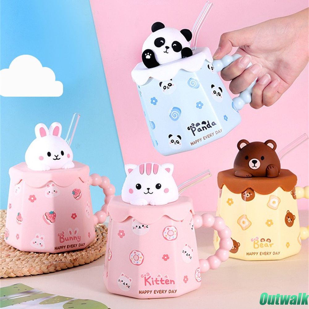 Cangkir Air Keramik Hewan Lucu dengan Tutup Sedotan 420Ml Cangkir Kopi Kartun 3d Kucing Kelinci Panda Beruang Aksesori Minuman Kantor Hadiah Anak Perempuan
