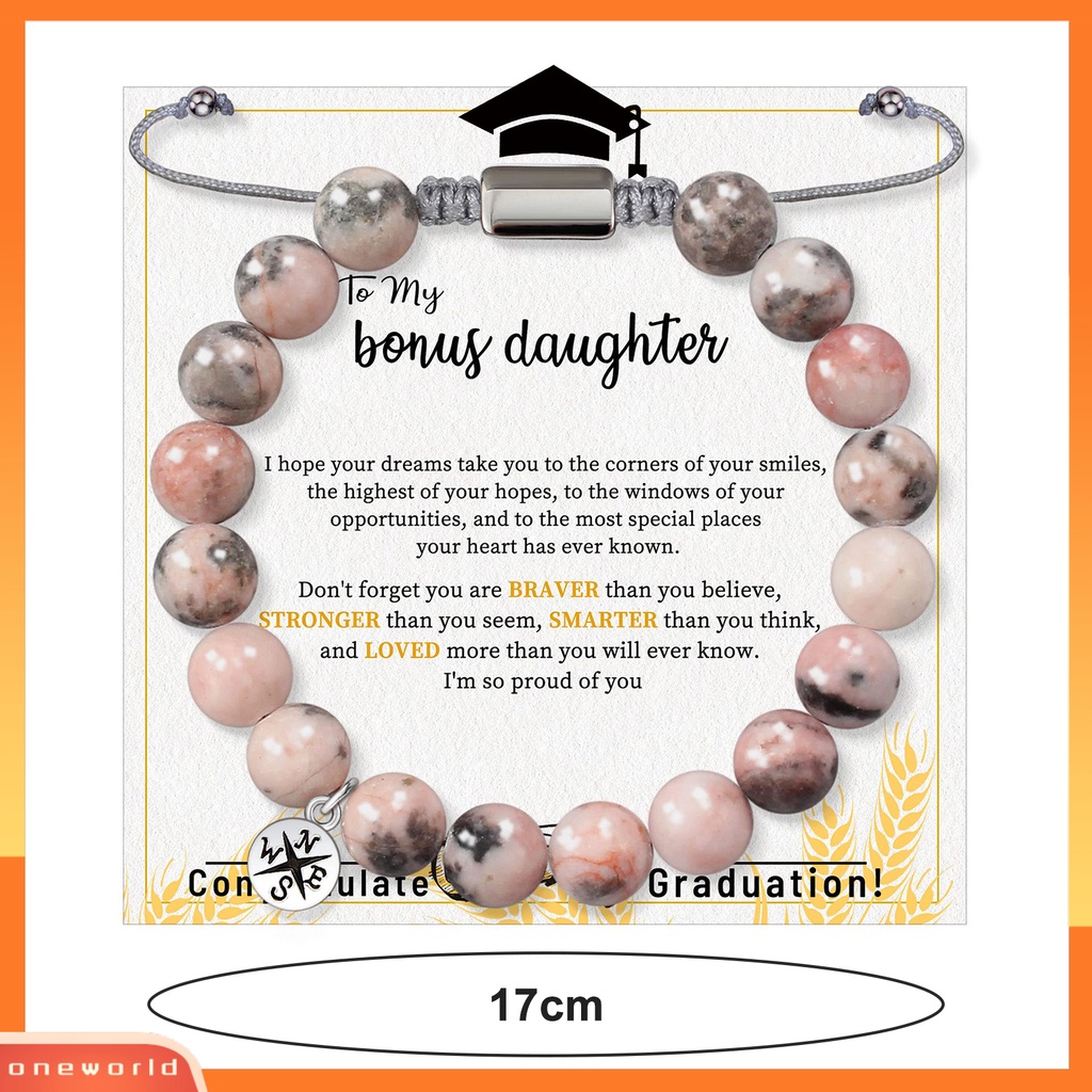 [ONE] 8mm Pink Beads Gelang Dengan Kartu Inspiratif Dapat Disesuaikan Putri Gadis Batu Alam Manik-Manik Bulat Gelang Musim Wisuda Hadiah