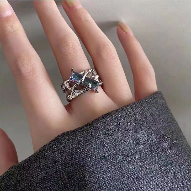 Punk Lava Cair Duri Pembukaan Cincin Yang Dapat Disesuaikan/ Wanita Retro Persegi Kristal Zirkon Jari Cincin/ Goth Berlubang-out Perhiasan Aksesoris