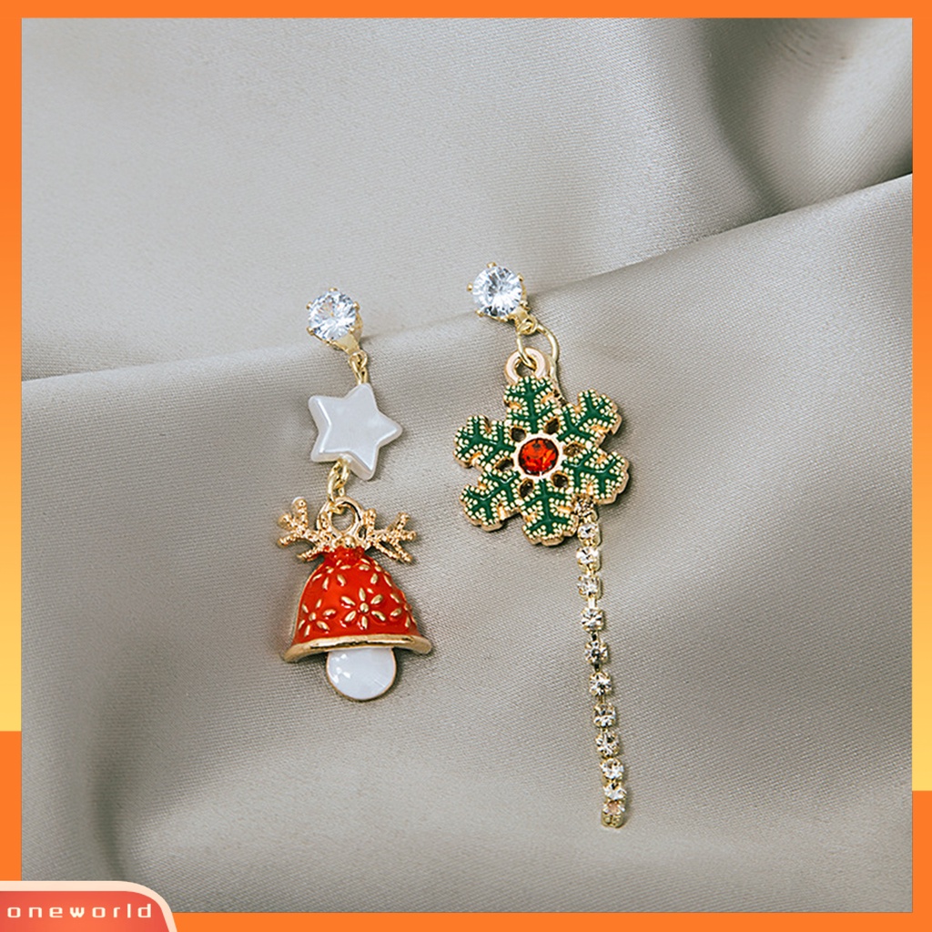 [WOD] 1pasang Anting Natal Snowflake Bell Rumbai Dicat Asimetri Berlian Imitasi Berkilau Anting Stud Panjang Untuk Pakaian Sehari-Hari