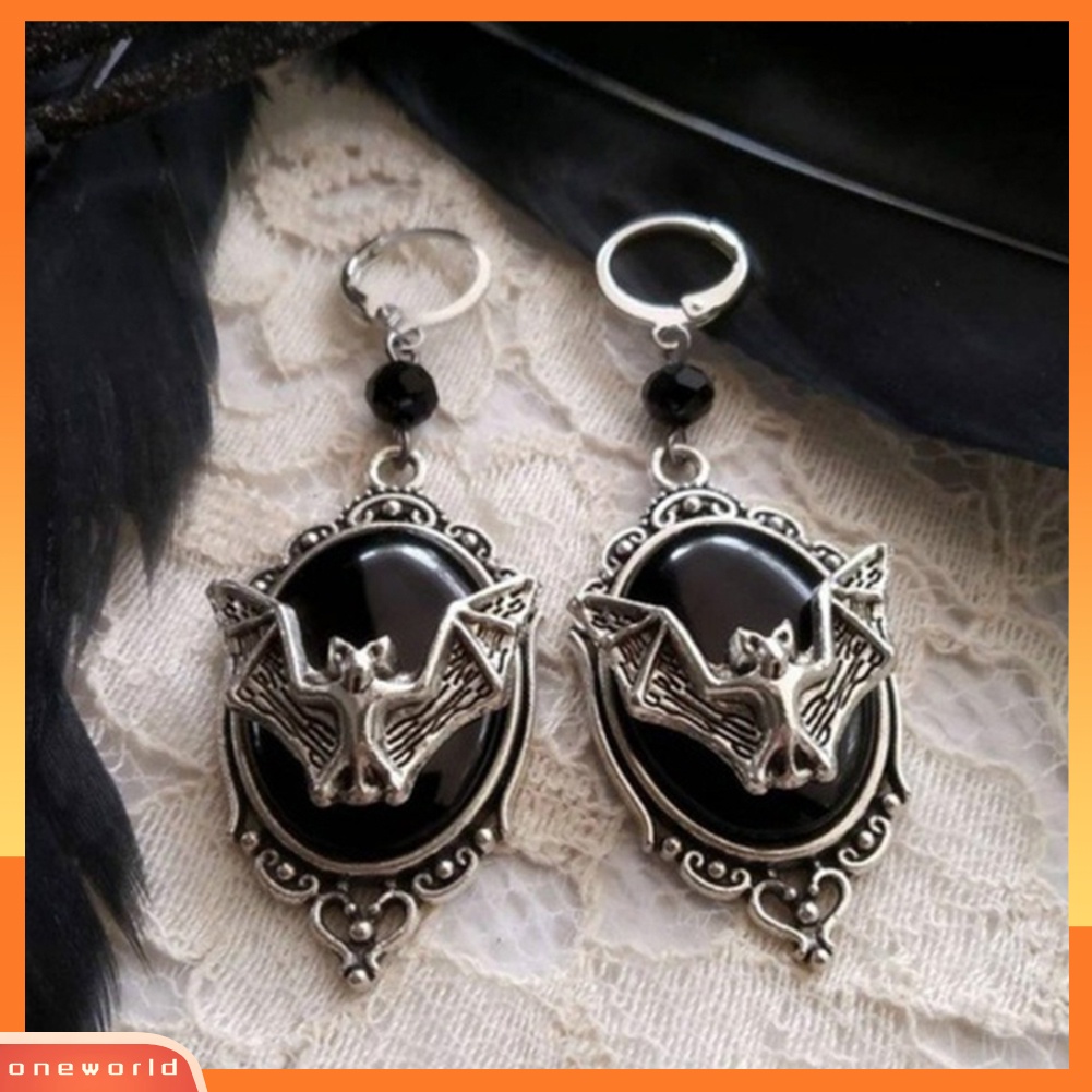 [WOD] Vintage Bat Cameo Oval Menjuntai Huggie Anting Wanita Halloween Pesta Perhiasan Hadiah