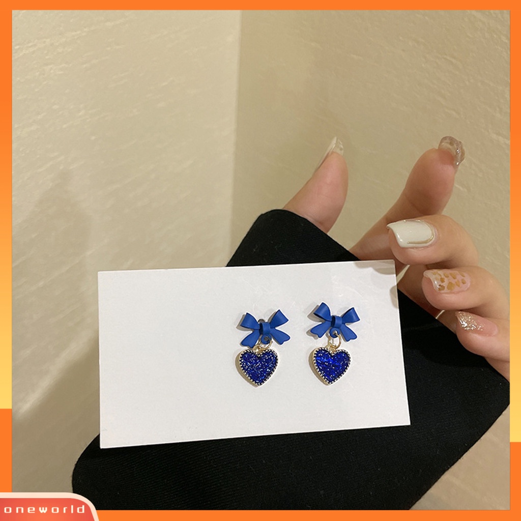 [WOD] 1pasang Drop Earrings Glitter Ikatan Simpul Telinga Dekorasi Warna Biru Langit Temperamen Cinta Hati Hias Berlian Imitasi Earrings Untuk Perjamuan