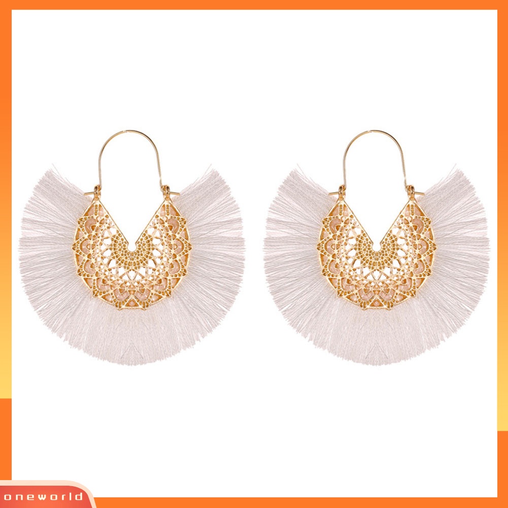 [WOD] Bohemian Wanita Berbentuk Kipas Rumbai Pinggiran Bunga Menjuntai Drop Hoop Earrings Perhiasan