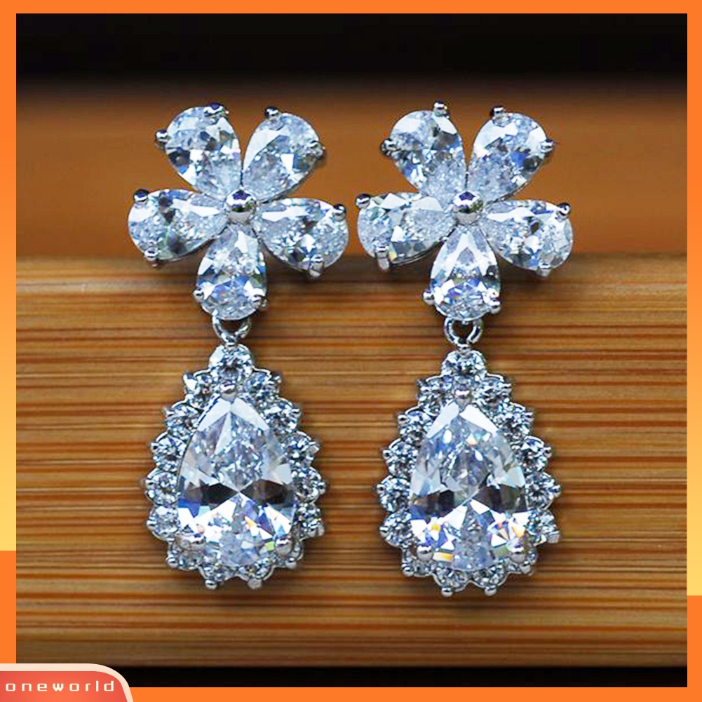 [WOD] Fashion Wanita Bunga Drop Pear Liontin Berlian Imitasi Menjuntai Stud Anting Perhiasan