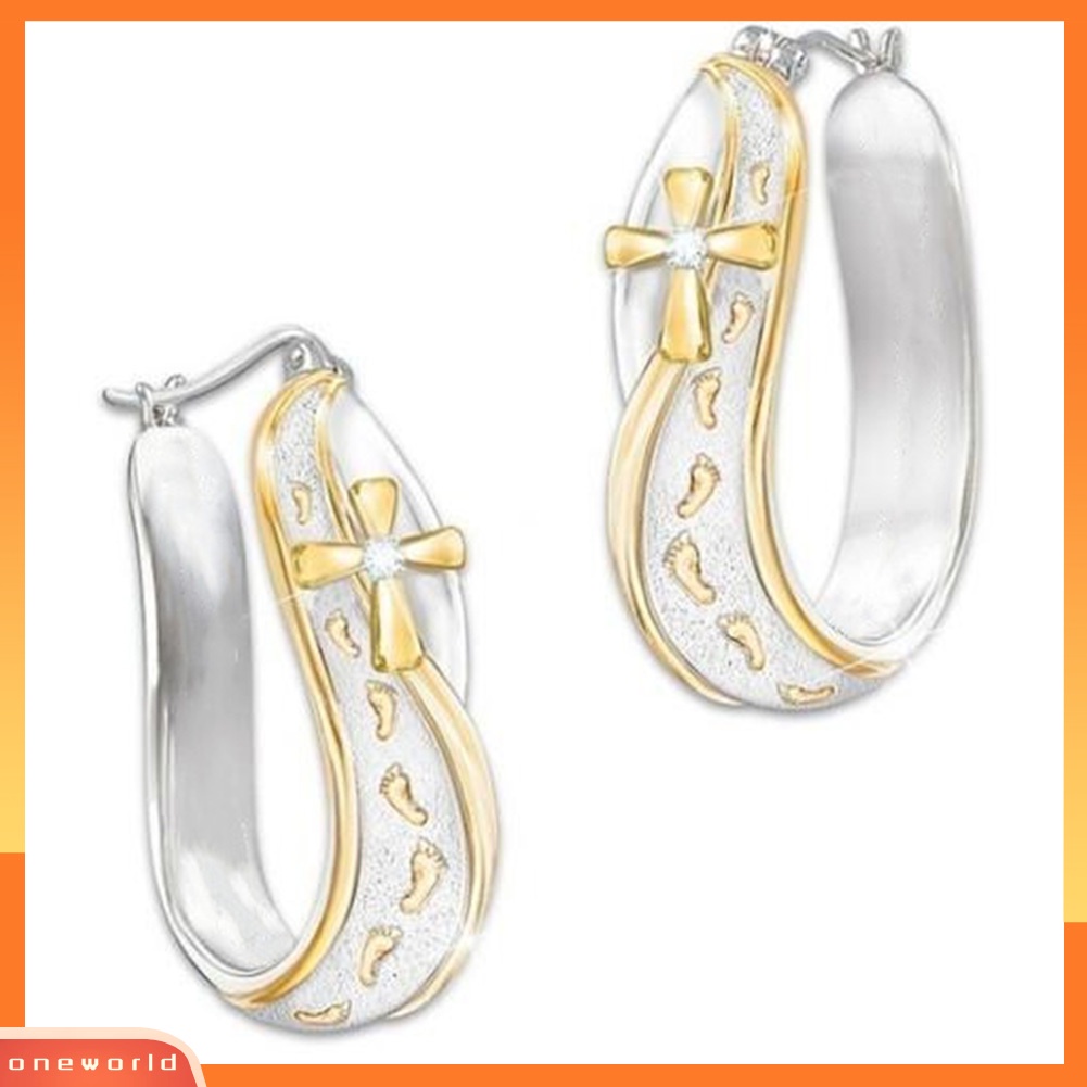 [WOD] Fashion Dua Warna Jejak Kaki Cross Sign Berlian Imitasi Wanita Huggie Hoop Earrings