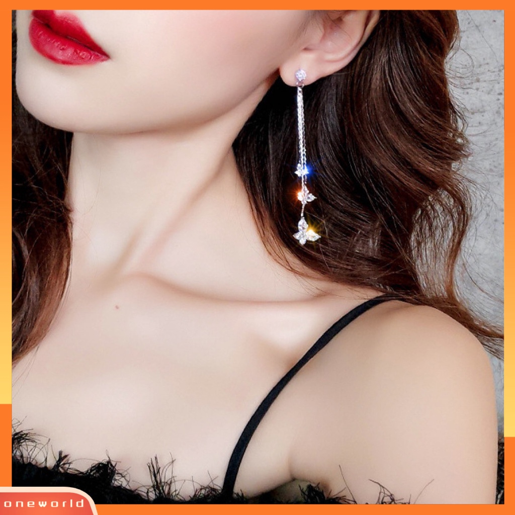 [WOD] 1pasang Wanita Linear Anting Gaya Bohemia Mengkilap Cubic Zirconia Rumbai Bentuk Kupu-Kupu Drop Earrings Perhiasan Pacaran