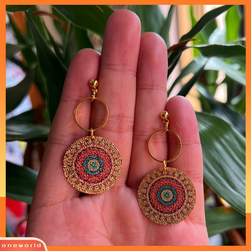 [WOD] 1pasang Anting Wanita Geometris Pola Vintage Perhiasan Electroplating Round Drop Earrings Hadiah Ulang Tahun