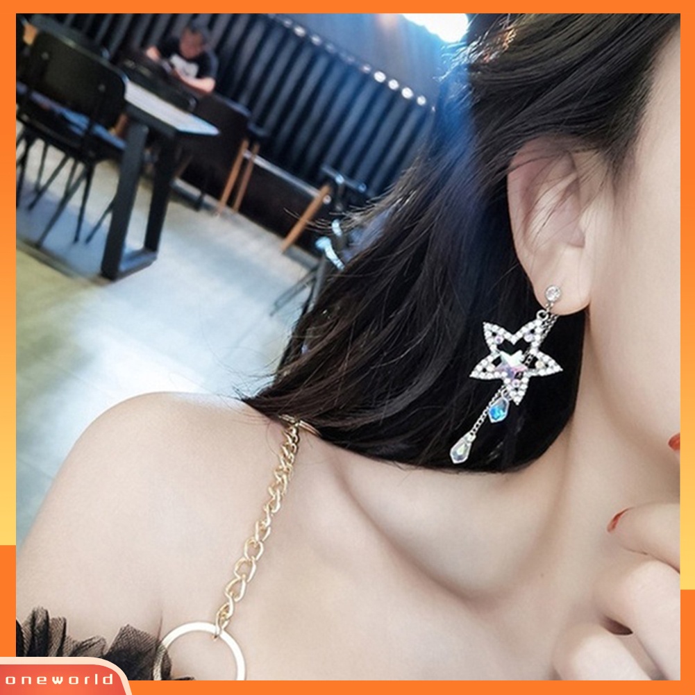 [WOD] Berlian Imitasi Mengkilap Berongga Bintang Rumbai Menjuntai Stud Earrings Fashion Wanita Perhiasan