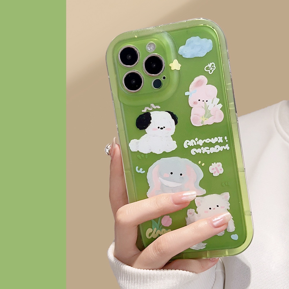IPHONE Lucu Kartun Hewan Pesta Rumput Transparan Hijau Anti Hilang Casing Ponsel Cover Untuk Iphone11 12 13 14 PLUS PRO MAX