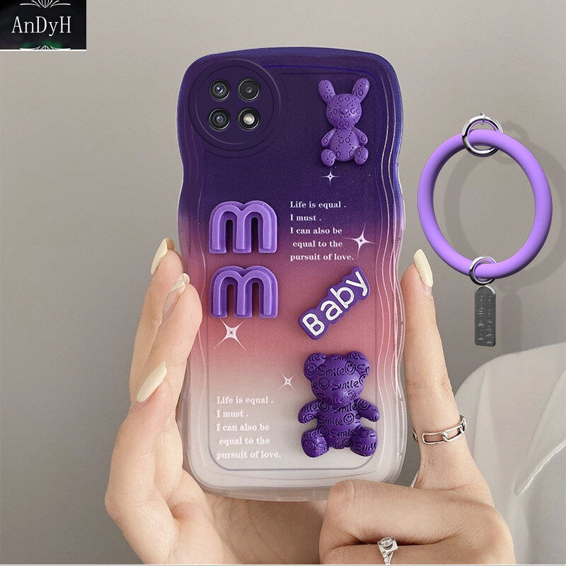 Andyh Desain Baru Untuk Samsung Galaxy A22 5G Case 3D Cute Bear+ Solid Color Bracelet Fashion Premium Gradient Soft Phone Case Silikon Shockproof Casing Pelindung Penutup Belakang