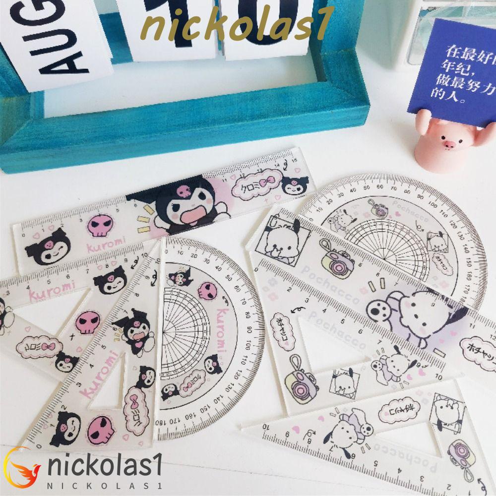 Nickolas1 Penggaris Segitiga Lurus Busur Derajat Set Multifungsi 4pcs/Set Kantor Lucu Pochacco Math Divideding Ruler