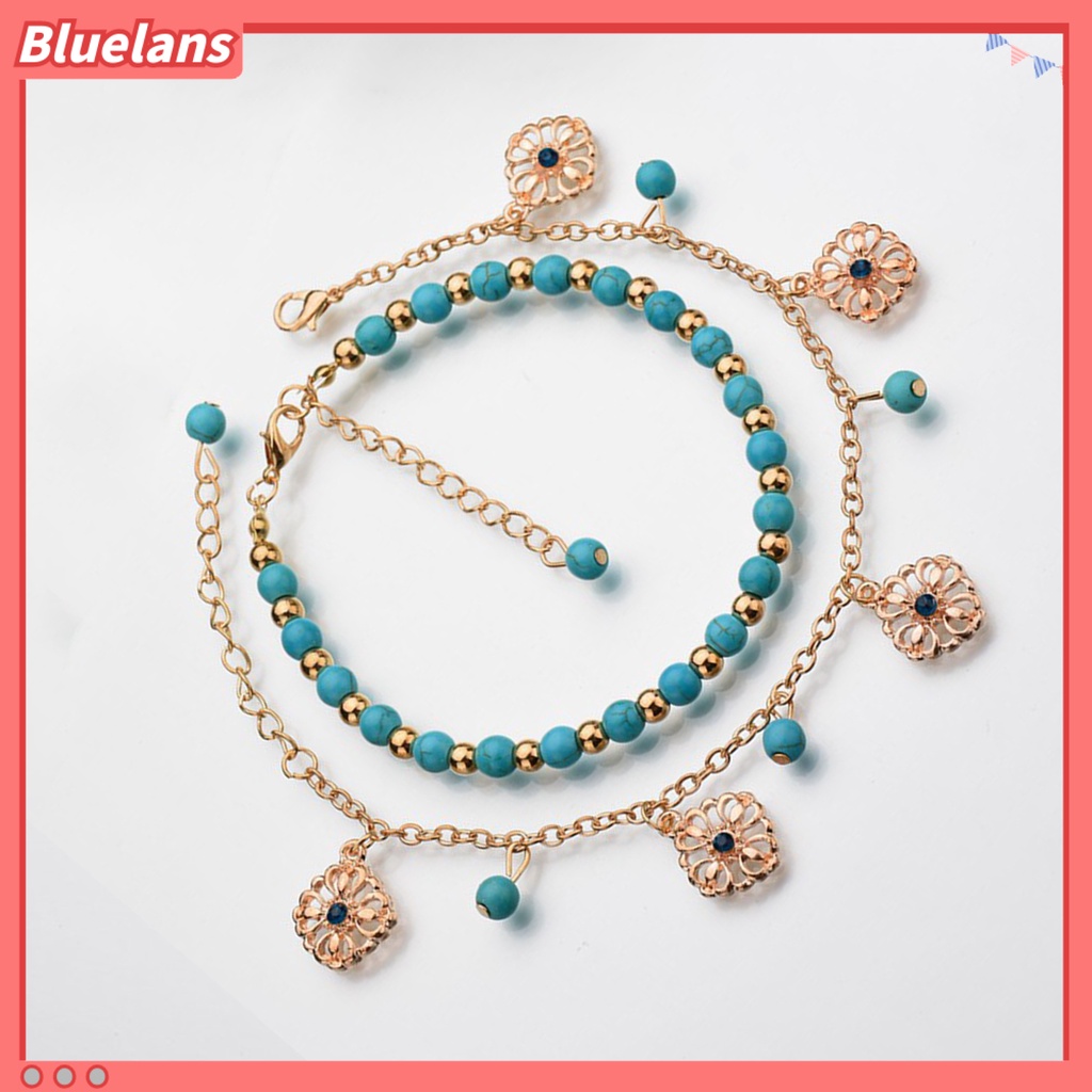 [BLS] 2pcs /Set Gelang Kaki Kristal Imitasi Adjustable Alloy Bohemian Faux Turquoise Bead Gelang Kaki Pantai Untuk Pantai