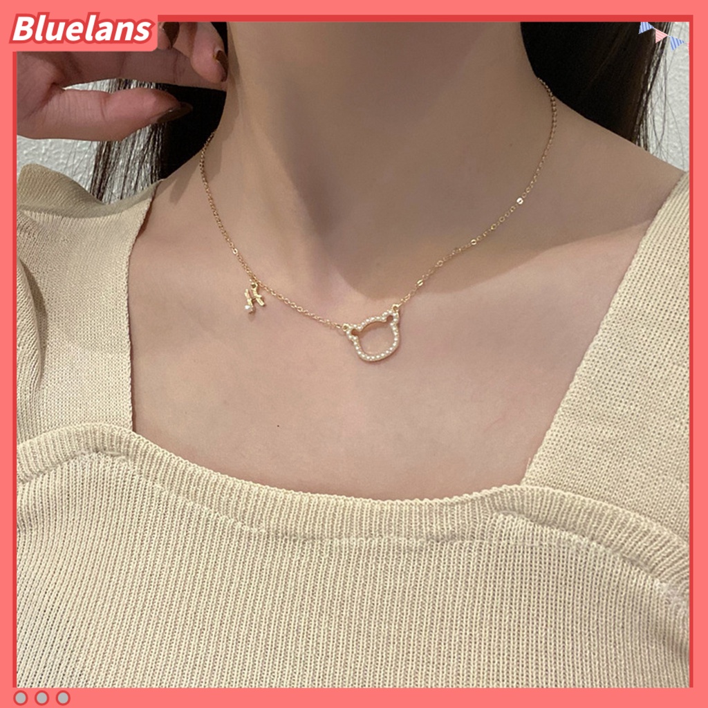 [BLS] Wanita Kalung Bentuk Beruang H Huruf Perhiasan Kartun Mutiara Imitasi Kalung Aksesoris Fashion