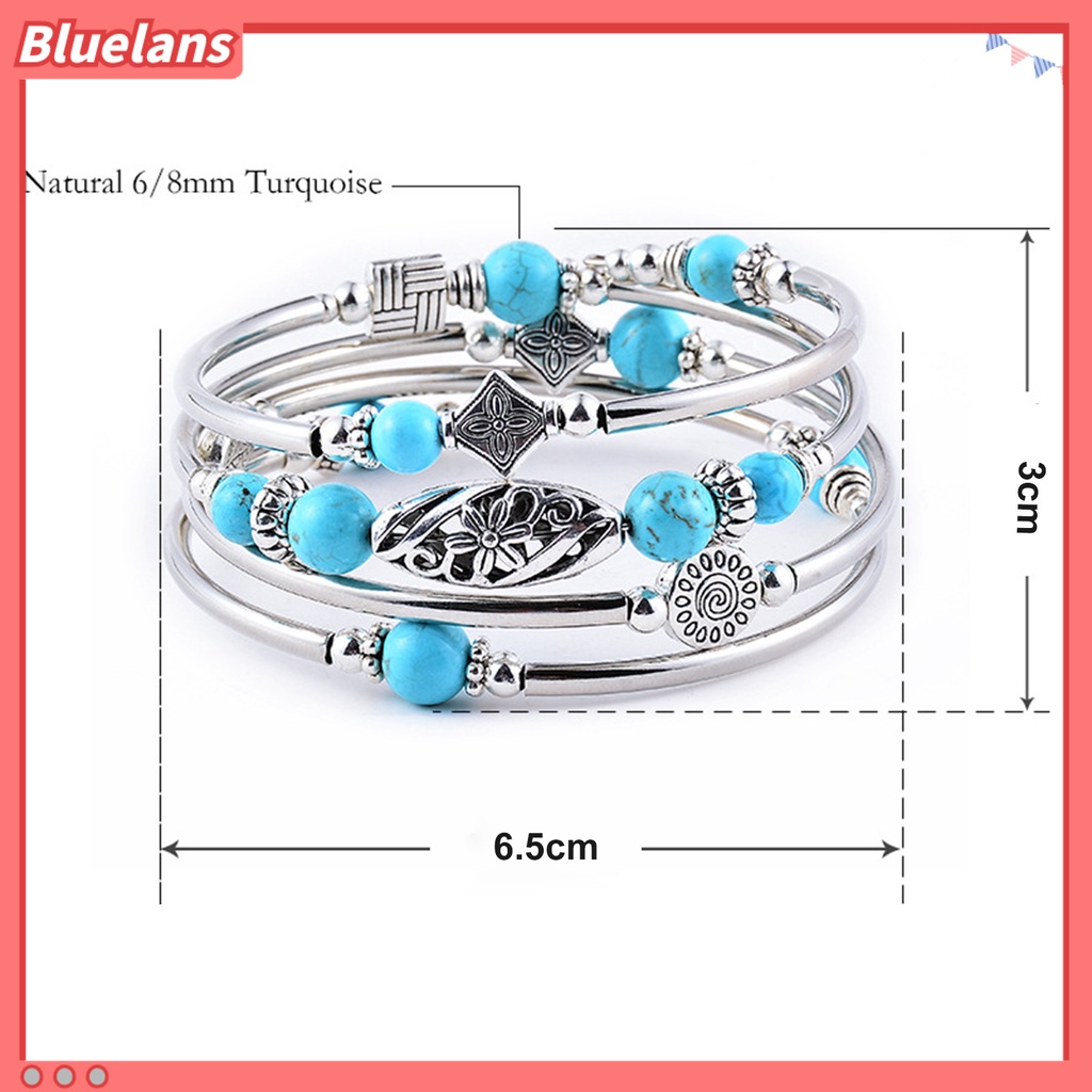 [BLS] Wanita Bangle Batu Alam Etnik Multi Layered Retro Biru Turquoise Beads Bungkus Gelang Perhiasan Aksesoris