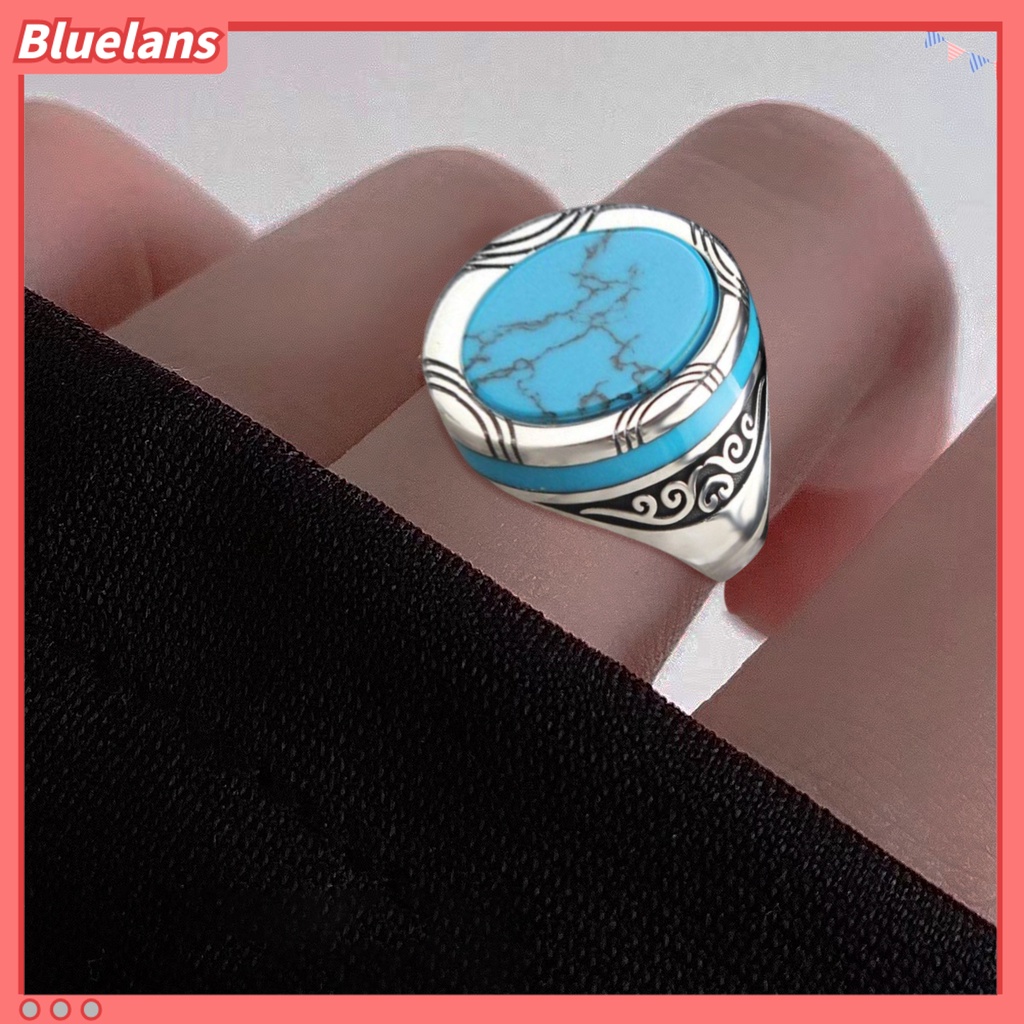 [BLS] Electroplating Polishing Lebar Pria Cincin Punk Retro Ukir Pola Faux Turquoise Ring Perhiasan Aksesoris