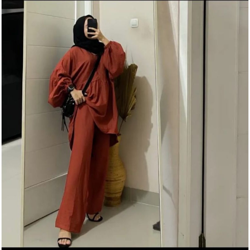 Beca One Set Setelan Cutbray Lengan Balon Pololinen setcel wanita remaja kemeja dan celana terbaru kekinian korean style