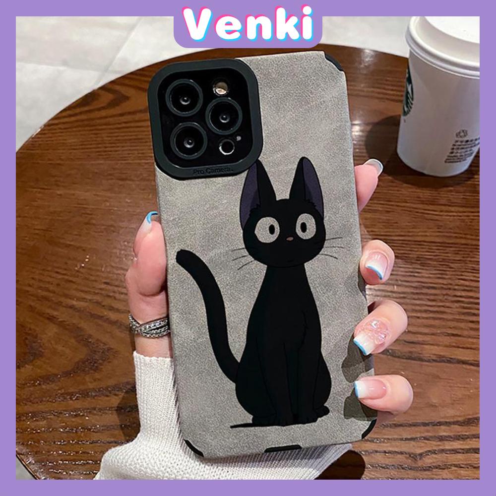 VENKI - Untuk iPhone 11 Case Leather Pupil Suede Case Soft Shockproof Airbag Case Pelindung Kamera Cute Simple Black Cat Kompatibel dengan iPhone 14 13 Pro max 12 xr xs 7Plus 8Plus