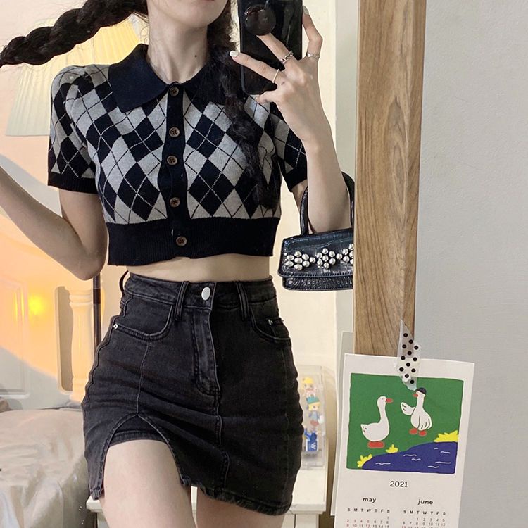 Korean Cardigan Rajut Wanita Kotak Kotak Polo Premium Atasan