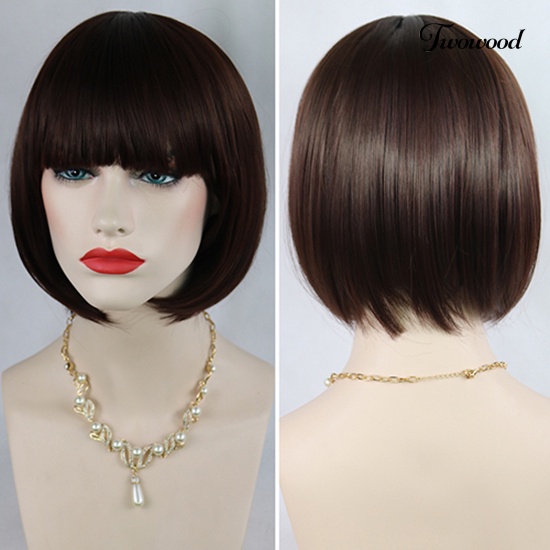 Twowood Fashion Wanita Pendek Lurus Bobo Dengan Poni Penuh Wig Cosplay Pesta Ekstensi