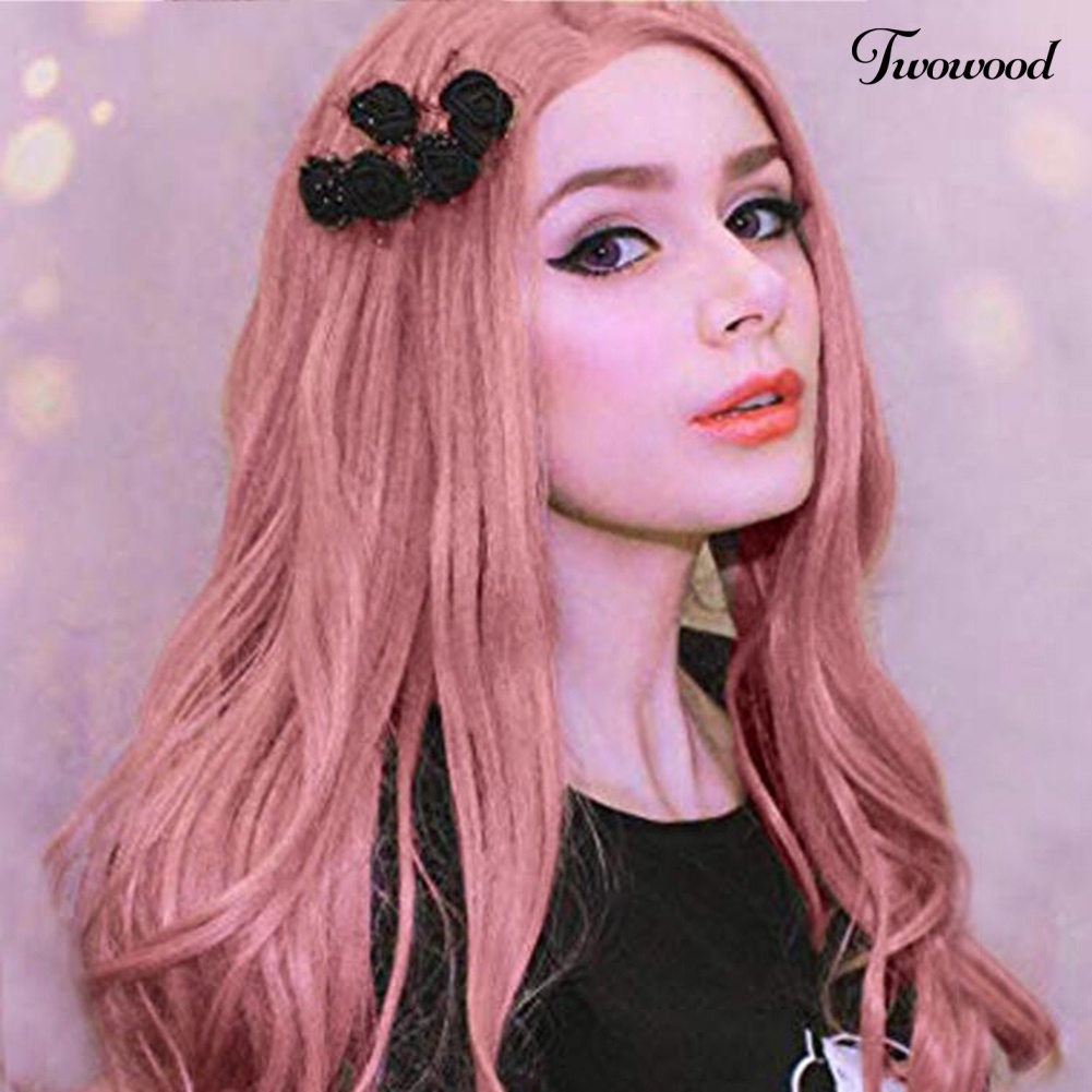 Twowood Wanita Tahan Panas Panjang Keriting Rambut Orange Pink Pesta Wig Ekstensi Sopak