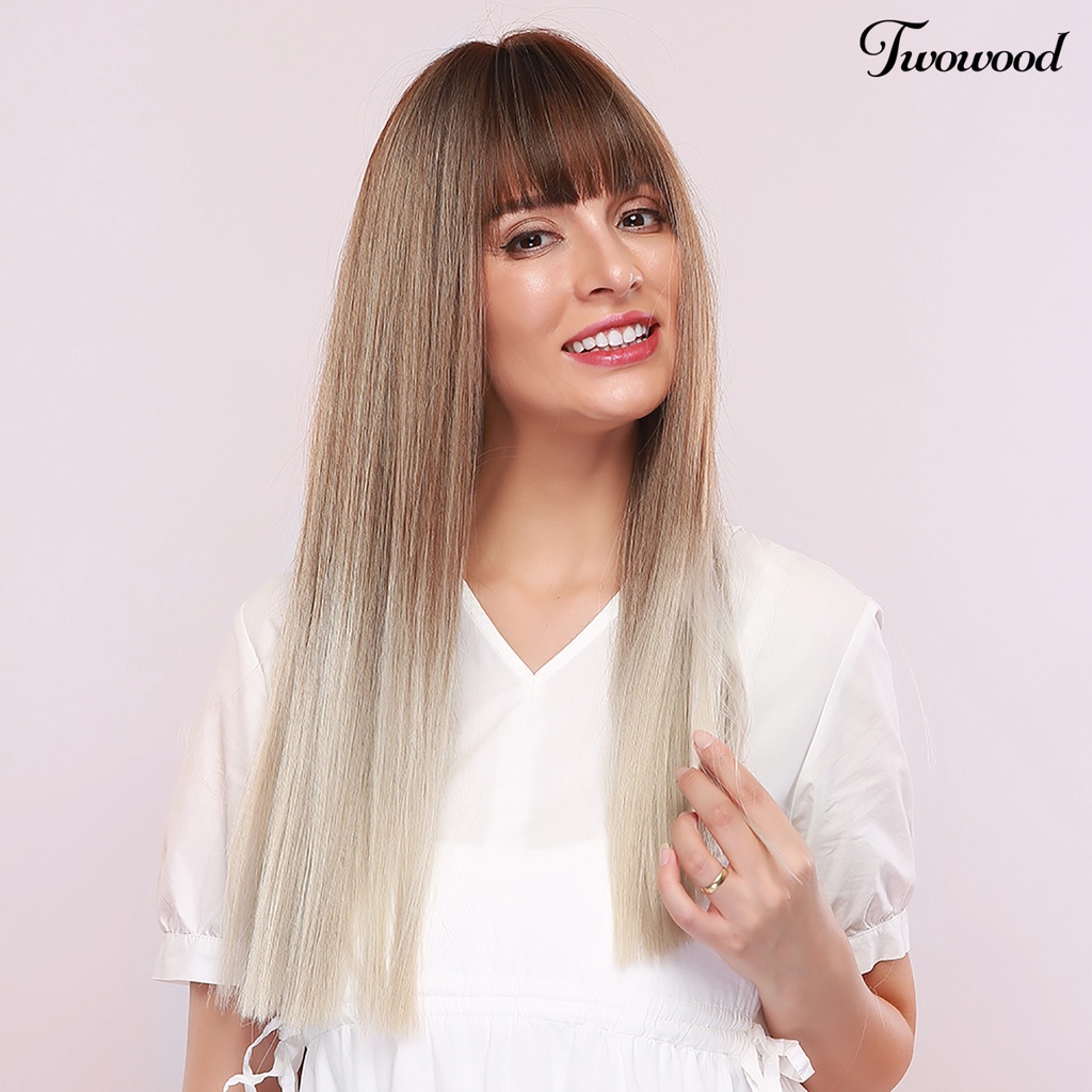 Wig Twowood Wanita 24inch Tahan Panas Panjang Lurus Rambut Alami Sintetis Dengan Bang