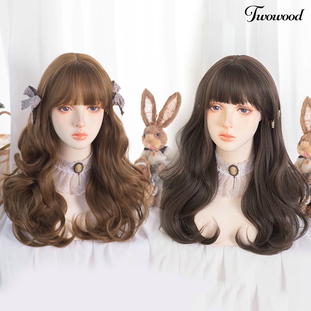 Twowood 1set Wig Wanita No Perm Berbulu Tidak Jatuh Halus Styling Rambut Cakupan Penuh Mid Length Rambut Keriting Wig Dengan Poni Digunakan Wanita