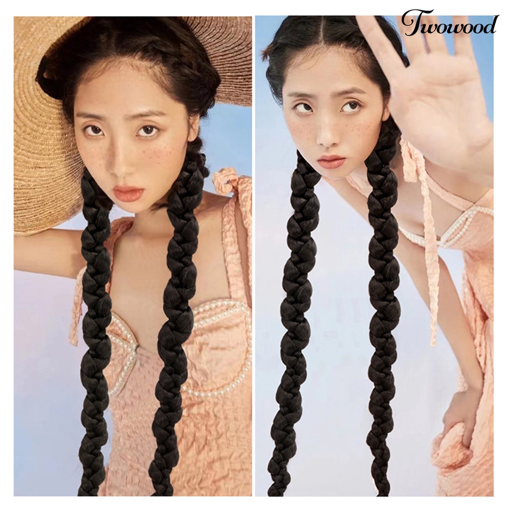 Twowood Wanita Wig Realistis Halus Lembut Alami Peregangan Tinggi Hairband Styling Rambut Meningkatkan-Volume Rambut Tinju Panjang Kepang Kuncir Hitam Wig Gadis Pasokan