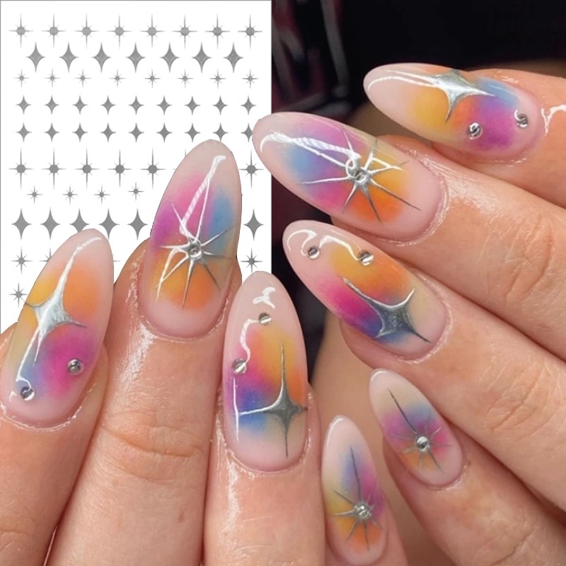 Indah Retro Shiny Bronzing Bintang Berujung Empat Nail Art Stiker Tekstur 3D Perekat Diri Manicures DIY Dekorasi Decals Nails Accesoires