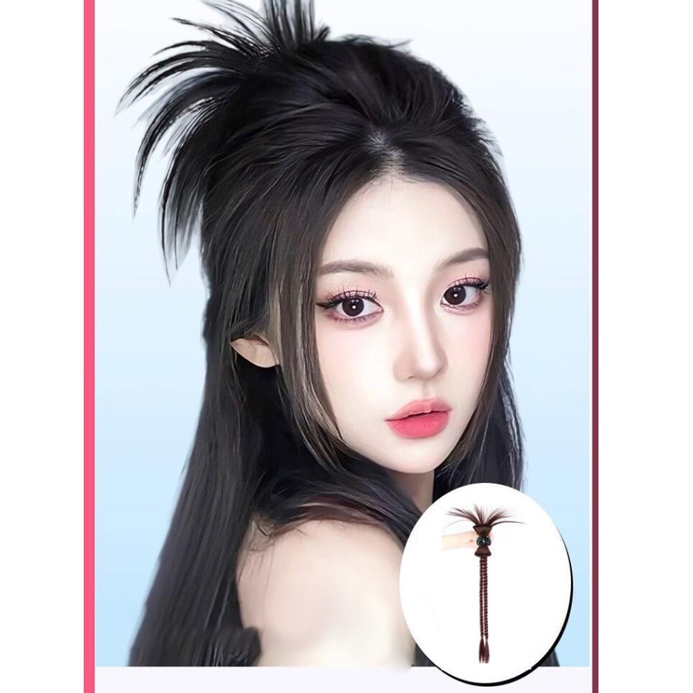 Rempah Gadis Gaya Bulu Ayam Shuttlecock Kepala Wig Wanita Malas Memutar Kepang Ponytail Rambut Wig Aksesoris