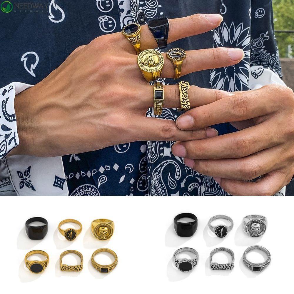 6pcs / set Cincin Bentuk Tengkorak Geometris Gaya Korea Retro Vintage Warna-Warni Untuk Pria