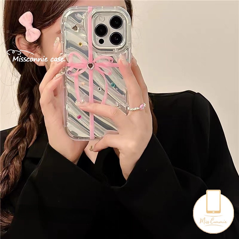 Casing Bening Kartu Laser Mewah Kompatibel Untuk IPhone 7Plus 12 11 13 14 Pro MAX 6 6S 7-8 Plus XR X XS MAX 8Plus SE 2020 Ins Pita Busur Cinta Hati Berlian Lembut Tpu 3D Bergelombang Melengkung Cover