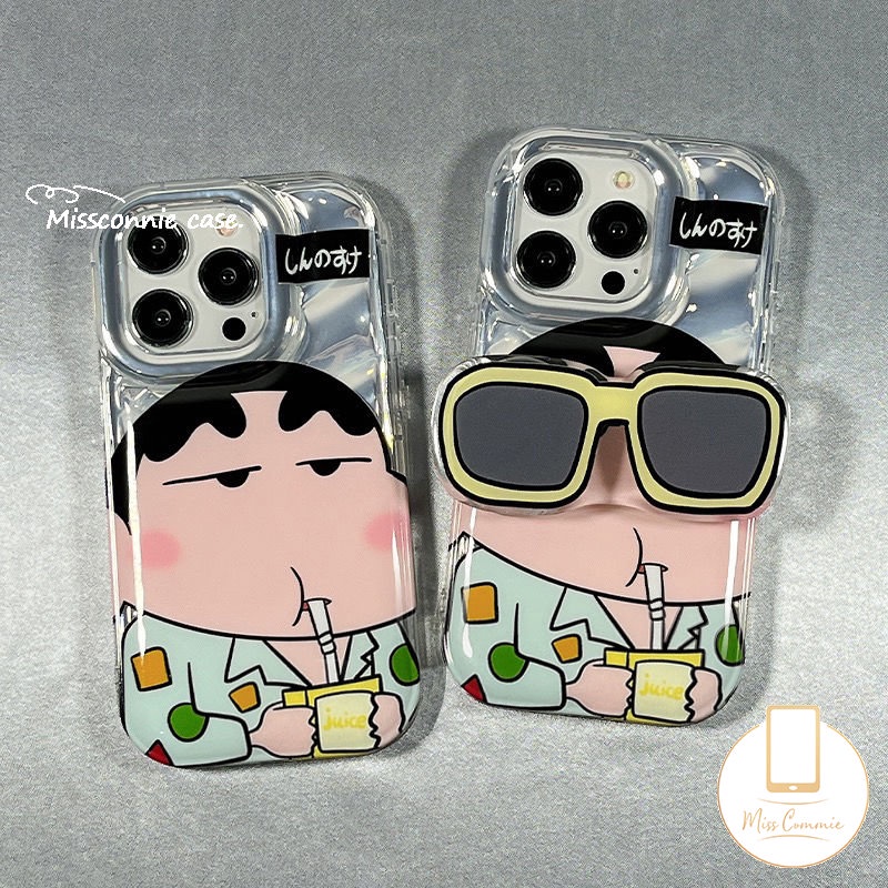 IPHONE Keren Memakai Sunglasse Crayon Shin-chan Kartu Laser Casing Bening Kompatibel Untuk Iphone11Xr12 13 14 Pro Max7 8 Plus 6 6S 7 8 Plus X XS MAX SE 2020lembut 3D Bergelombang Melengkung Sarung Mewah