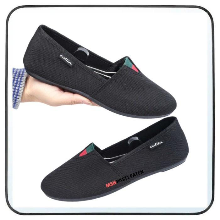 Sepatu hitam wanita flatshoes balet bahan kanvas original BX8110-H - 36