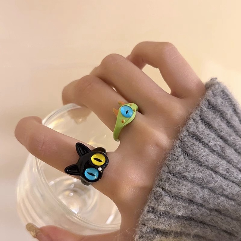 Baru Lucu Kartun Kucing Merah Muda Kelinci Evil Eye Opening Rings Wanita Gadis Harajuku Warna-Warni Monster Devil Eyes Jari Cincin Perhiasan