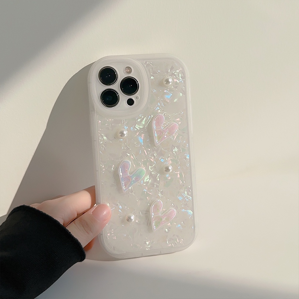 IPHONE 3d Pearlescent Kerang Cinta Hati Dengan Manik-Manik Mutiara Shell Pola Perlindungan Penuh Ponsel Soft Case Cover Untuk Iphone7 8 PLUS X XR XS 11 12 13 14 MINI PRO MAX Se2020