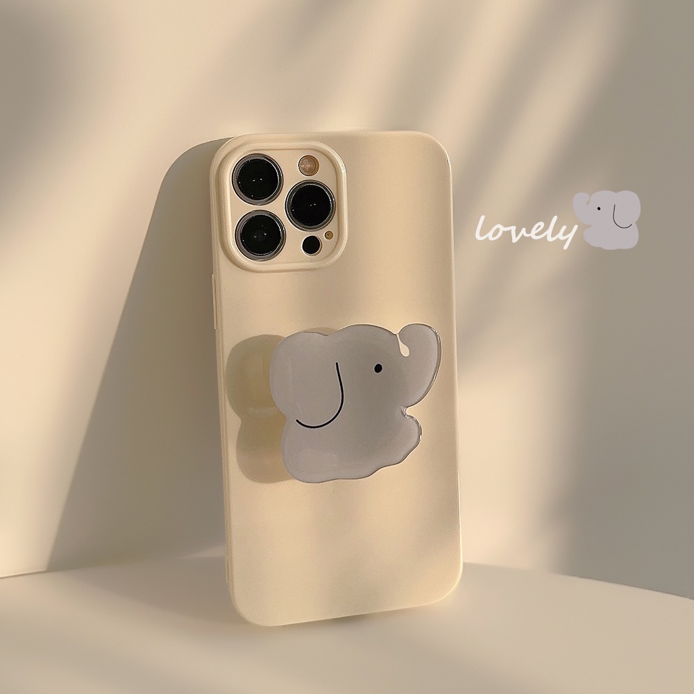 IPHONE Desain Basic Cream Yellow Solid Color Phone Case Cover Dengan Holder Gajah Kartun Lucu Untuk Iphone11 12 13 14 PLUS PRO MAX