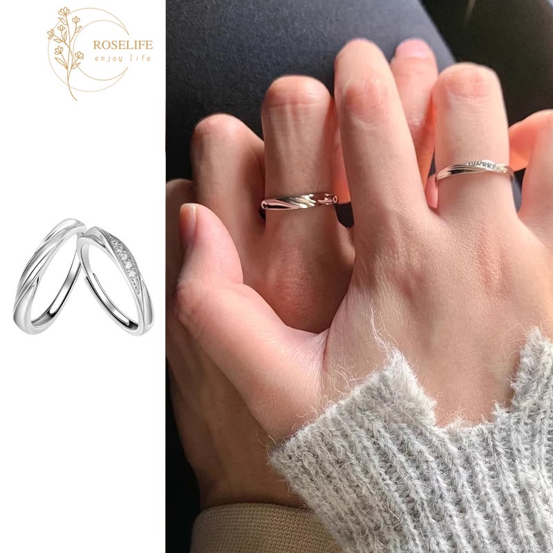 Roselife S925 Perak Bersinar Zirkon Cinta Tanpa Batas Möbius Cincin Pasangan Untuk Wanita Pria Romantis Memutar Kekasih Rings Perhiasan Hadiah Valentine