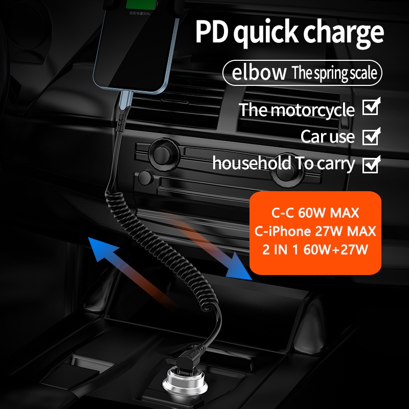 3a PD 60W 2in1 Spring Expansion Elbow Fast Type-C Charging Cable Kabel Charger USB C Portabel Untuk Iphone Samsung