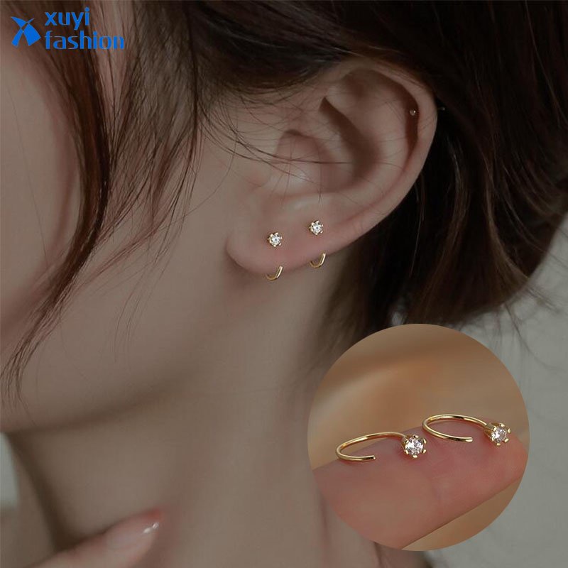 Anting Emas Elegan/Perak Dengan Berlian Zirkon Anting Hoop Untuk Wanita Aksesoris Perhiasan Fashion