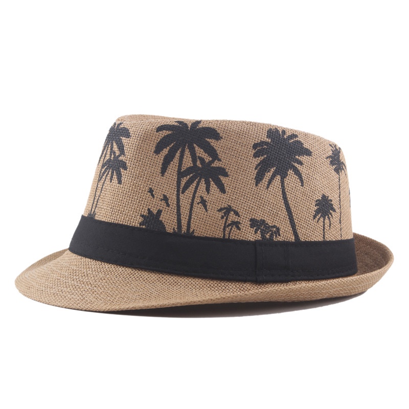 Topi Jazz Pria Palm Print Coconut Curly Straw hat Liburan Topi Matahari Pantai